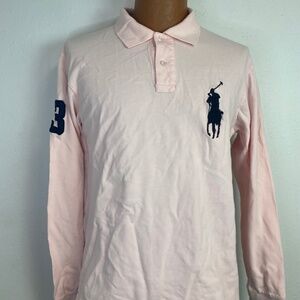 Polo Ralph Lauren Rugby Shirt Mens Large Long Sleeve 3 Big Pony Pink Salmon